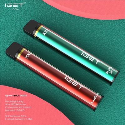 Iget確実な1800のパフの携帯用ポッドVapeの7ml XXLの煙る蒸発器のペン
